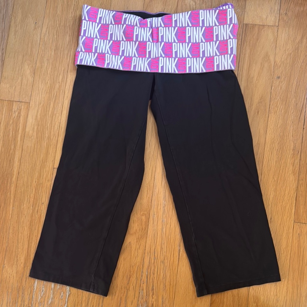 Victoria Secret Pink Black Crop Yoga Pants with Pink Logo Waistband